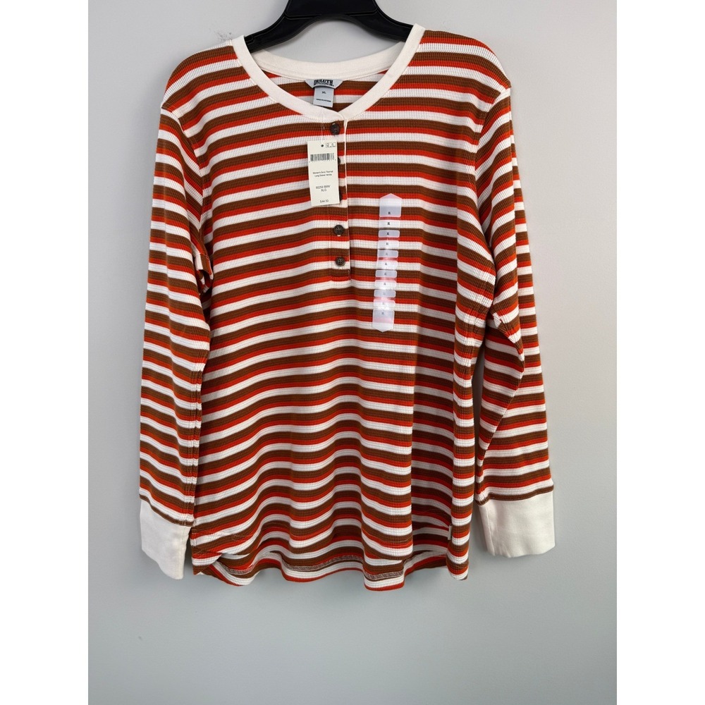 Duluth Trading Burly Thermal Henley Shirt Womens XL Orange Brown Striped